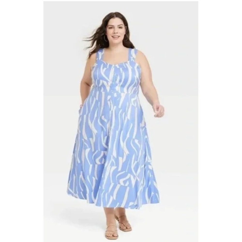 Ava & Liv Blue White Sleeveless Button Front Midi Shirt Dress 3X NWT Rayon Blend
